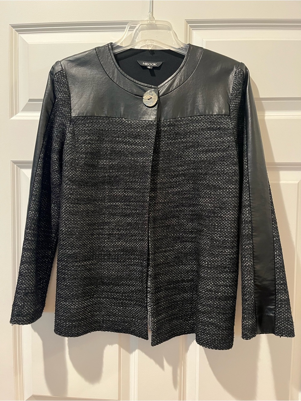 Misook Black Mixed-Media Leather-Yoke Open Front Blazer